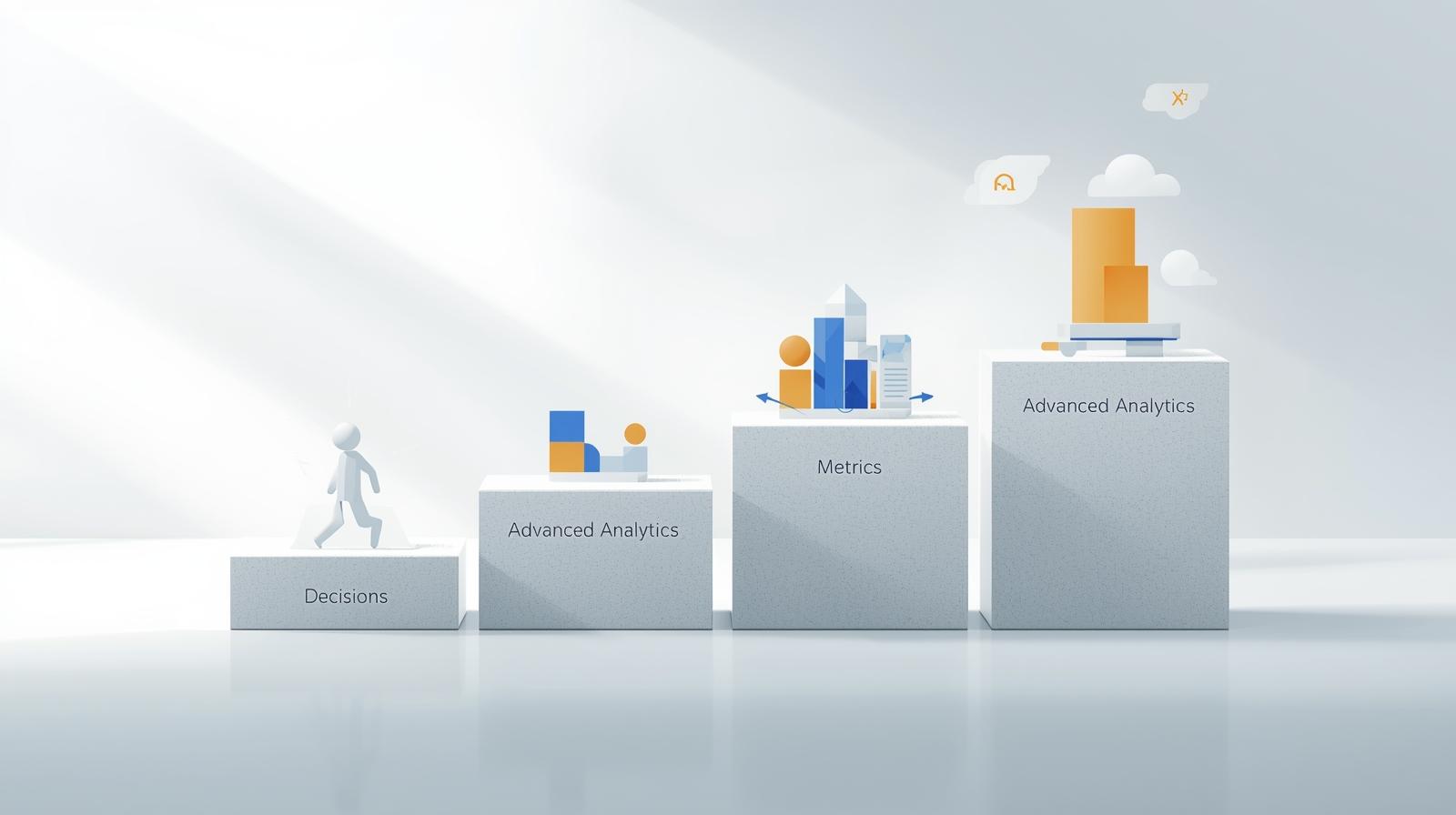 A figure walks up steps labeled Decisions, Advanced Analytics, Metrics, and Advanced Analytics.